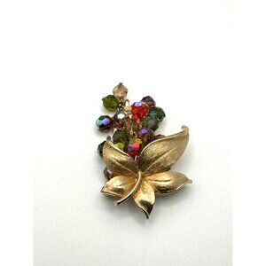 Vintage Gold-Tone Flower Brooch With Colorful Faceted Beads & Secure Pin Clasp